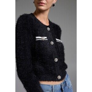 New BSB Collection Cardigan fringes jewel buttons Black Sweater Sz M Occasion